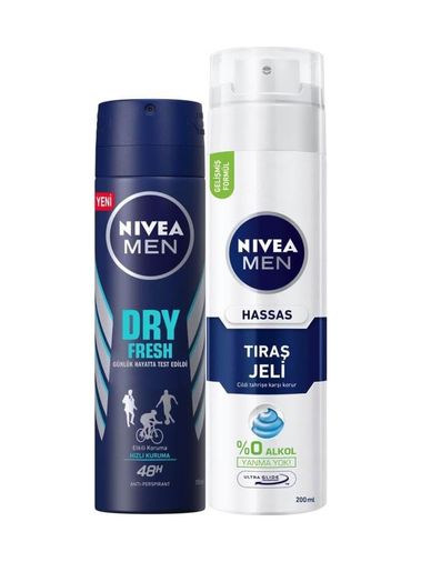 Diğer 128847874 Men Erkek Sprey Deodorant Dry Fresh 72 Saat Anti-Perspirant Koruma 150Ml Ve Men Hassas Tıraş Jeli 200Ml, Hassas Ciltlere Özel Hızlı Koruma, Yanma Karşıtı, Alkolsüz Formül