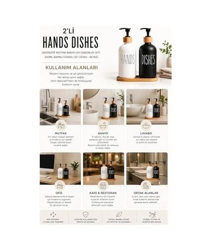 Diğer 128851607 2 Li Hands Dishes Siyah Beyaz Cam Sıvı Sabunluk Seti 500 Ml, Bambu Standlı Dekoratif Mutfak & Banyo Sabunluk Dispenser Seti Şık Modern Tasarım
