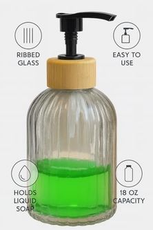 Diğer 128854281 Cam Sıvı Sabunluk Doğal Bambu Başlıklı Şeffaf Cam Gövde Banyo, Mutfak Ve Lavabo Üstü Kullanım İçin Modern Pompalı Sabun Dispenseri 300 Ml