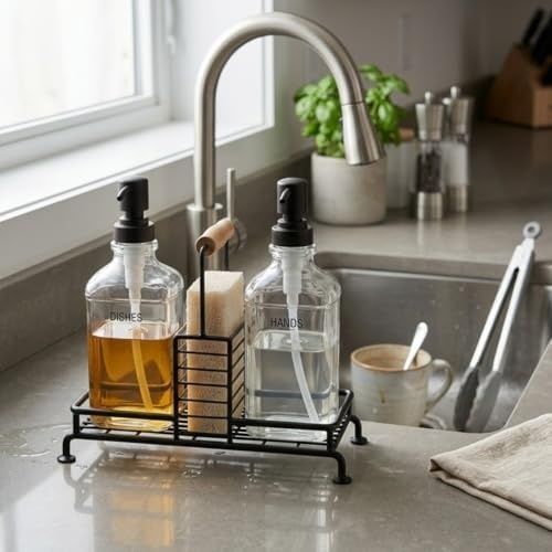 Diğer 128854442 Cam Sabunluk Dispenser Seti, 2'li Bulaşık Ve Sıvı Sabun Pompalı Şişe, Sünger Tutuculu Mutfak Lavabo Organizeri, Siyah Metal Standlı