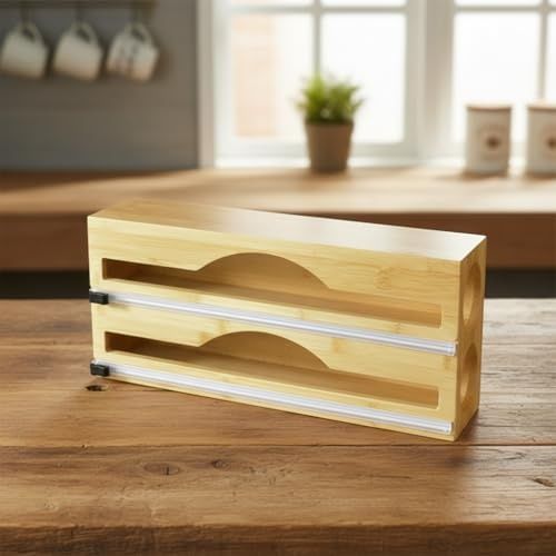 Diğer 128862031 Bambu Streç Film Ve Folyo Düzenleyici, Kaydırılabilir Kesicili, 2'si 1 Arada Mutfak Çekmece İçi Ve Tezgah Üstü Organizer, Alüminyum Folyo Ve Yağlı Kağıt Kesici Saklama Kutusu 35,5 Cm