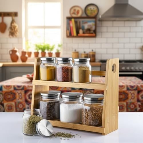 Diğer 128863078 8 Parça Borosilikat Cam Baharatlık Seti 700 Ml - Paslanmaz Çelik Kapaklı Ve Bambu Kapak Sçenekli 2 Katlı Bambu Standlı Tezgah Üstü Erzak Kabı Ve Mutfak Düzenleyici Organizer Bambu Kapak