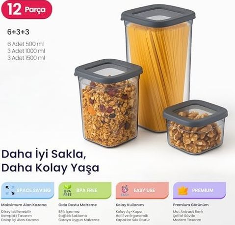 Diğer 128863442 Life Tower Premium 12 Li Saklama Kabı Seti 3 Farklı Boy, Dikey Tasarım, Kilitli Kapak, Bpa İçermez