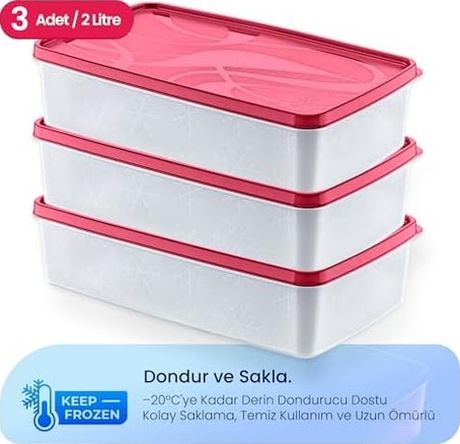 Diğer 128863570 Life 3 Lü 2 Litre Saklama Kabı Seti Hızlı Dondurma İçin Uygun, Sızdırmaz Kapak Ve -20 C Ye Dayanıklı Vişne