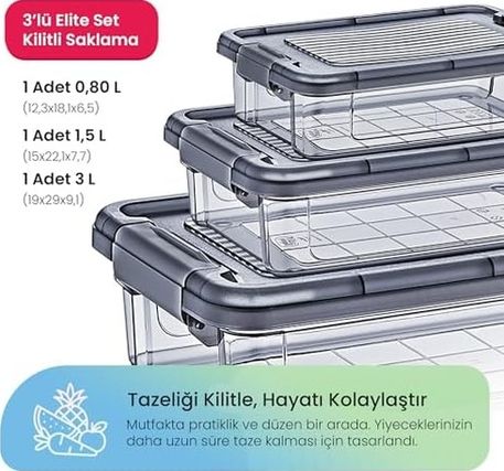 Diğer 128863604 Life 3 Lü Kilitli Saklama Seti 3L+1.5L+0.85L İç İçe Geçen Yer Tasarruflu, Şeffaf Premium Gıda Kabı