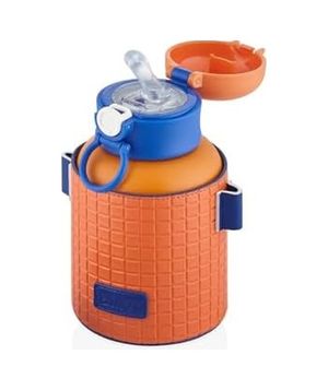 Diğer 128863936 680Ml Moda Çizgili Deri Kılıf Pipetli Askılı Kilitlenebilir Kapak Çelik Termos Matara Turuncu