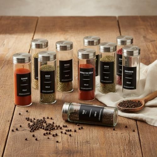 Diğer 128868867 12 Li Metal Kapaklı Cam Baharatlık Seti, 80Ml, 110Ml Ve 170Ml Boyut Seçenekli, Etiket Hediyeli Silindir Baharat Takımı, Modern Mutfak Düzenleyici Kavanoz Seti 170Ml- 12 Adet