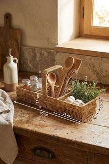 Diğer 128868960 Buffer 3 Bölmeli Hasır Sepet Organizer Saplı, Mutfak Banyo Ofis Çok Amaçlı Düzenleyici, Plastik Kaşıklık Sepeti, 40X13X17 Cm