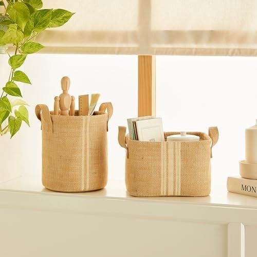 Diğer 128870386 2'li Çizgili Jüt Sepet Set 1 Adet 20 X 20/1 Adet 24 X 17 X 14 Cm