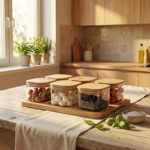 Diğer 128870653 Amberhaus 6'lı Bambu Kapaklı Cam Kahvaltılık Seti Ahşap Standlı 36X23 Cm Şık Tezgah Üstü Baharat Ve Kuruyemiş Düzenleyici Kavanoz