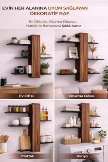 Diğer 128871032 Dekoratif Duvar Rafı Demonte Modern Asimetrik Kitaplık Mdf Ahşap Duvara Monte Raf, Salon Mutfak Banyo İçin Şık Organizer Raf 50X60 Cm