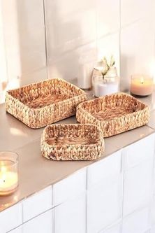 Diğer 128871218 Doğal El Yapımı, Kare Bombeli Düzenleyici 3'lü Hasır Sepet - 32Cm-28Cm-24Cm 3 Boy Set