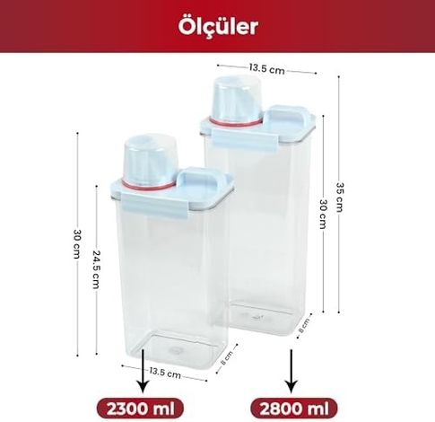 Diğer 128871297 Pikas 2'li Büyük Boy Saklama Kabı Ölçekli Kapak, Sızdırmaz Erzak Bakliyat Ve Deterjan İçin Çok Amaçlı Set