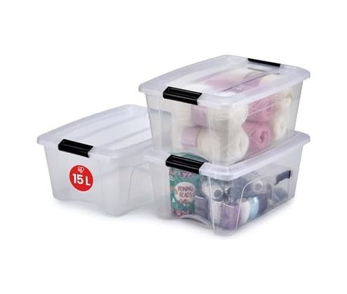 Diğer 128871425 Ohyama, 3'lü Set İstiflenebilir Saklama Kutusu, Klik Kilitli New Top Box Ntb-15 Plastik, Şeffaf, 3 X 15 L, U 39,5 X G 29 X Y 18,6 Cm