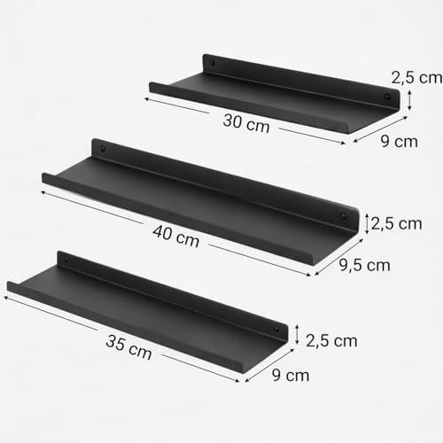 Diğer 128871784 3 Lü Metal Duvar Rafı Yapışkanlı Raf Seti Banyo Rafı Mutfak Rafı Dekoratif Duvar Rafı Siyah Minimal Raf Organizer Seti 30-35-40 Cm