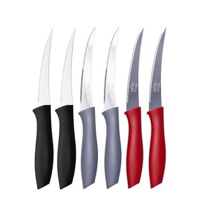 Diğer 131572510 Sebze Ve Meyve Bıçağı, Çelik, Siyah + Gri + Kırmızı Lazer Kesim Tırtıklı Uç, 22 Cm, 6 Adet