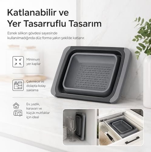 Diğer 131573310 Ayarlanabilir Katlanır Lavabo Süzgeci, 6,3 Litre, Plastik Ve Silikon, Aç Kapa Mutfak İçin Tezgah Üstü Pratik Sürgülü Süzgeç, Gıda İle Temasa Uygun, Bpa İçermez Açık Gri