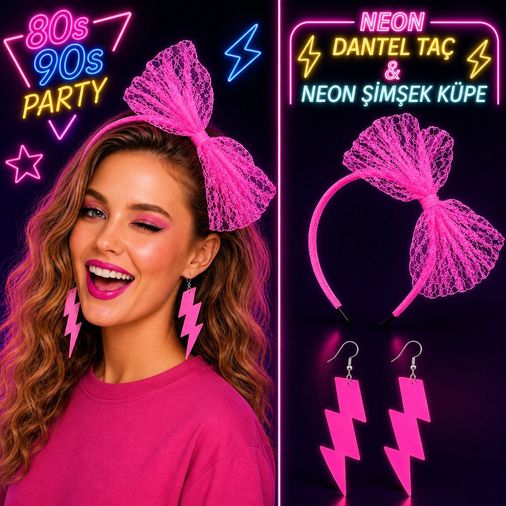 Diğer 131840282 Neon Pembe Dantel Taç Ve Şimşek Küpe 80&amp 39 Ler 90&amp 39 Lar Parti Seti - Huvj-884442 Standart
