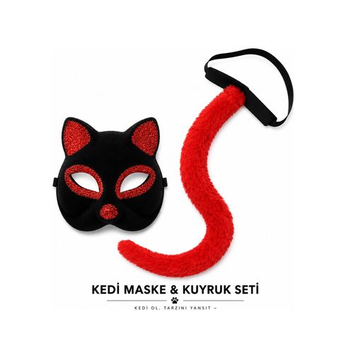 Diğer 131840453 Kırmızı Kedi Maske Ve Kuyruk Seti Parti Kostüm Aksesuarı - Huvj-883762 Standart