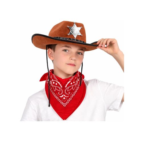 Diğer 131851206 Çocuk Kovboy Şapka Rozetli Kahverengi &amp Kırmızı Bandana Fular Seti - Huvj-762699 Standart