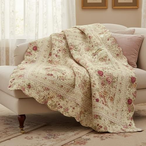 Diğer 142783243833480140557466 Antik Gül - Klasik Geleneksel Çiçek -%100 Pamuk Kapitone Örtü Battaniye, 127 X 152 Cm, Ekru Açik Gri