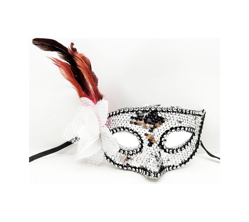 Diğer 474189Gosa4744 Gümüş Renk Yandan Tüylü Güllü Gümüş Taşlı Pullu Maske 20X22 Cm
