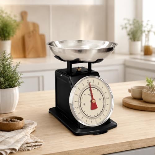 Diğer 57855210127250880184975 Vintage Mekanik Mutfak Terazisi 2 Kg Kapasiteli, Paslanmaz Metal Hazneli Ölçü Tartısı, Un Şeker Baharat Meyve Sebze Tartma Terazisi Gümüş Siyah Açık Bej