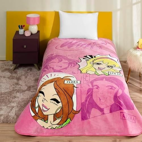 Diğer 57858324441834799283959 Taç Power Çizgi Film Karakteri Pamuk-Polyester Karışım Battaniye, Pembe, Tek Kişilik Açık Bej