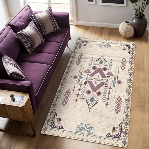 Diğer 57858324442019899283959 Plum Kadife Kaymaz Pamuk Tabanlı Yıkanabilir Antibakteriyel Salon Halısı 100X150, Kilim Desenli 1