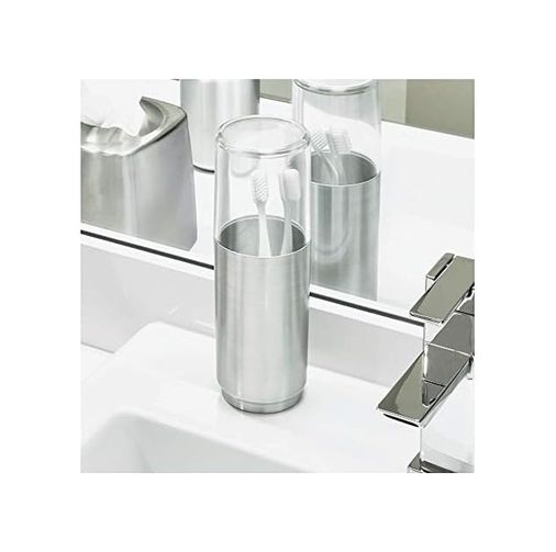 Diğer 57858324443371199283959 Austin Diş Fırçası Tutucu, Metal Ve Plastik, Kapaklı Diş Fırçası Standı, Şeffaf/mat Gümüş Rengi Açık Ahşap