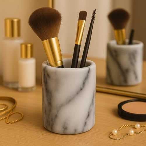 Diğer 57858324443398199283959 Lüks El Oyması Doğal Mermer Diş Fırçası Ve Makyaj Fırçası Tutacağı - Banyo, Vanity, Ofis Ve Masa Organizatörü İçin Ağır Hizmet Tayvan Yushan Taşı 8,4 Cm X 11,5 Cm, Off-Beyaz Açık Ahşap