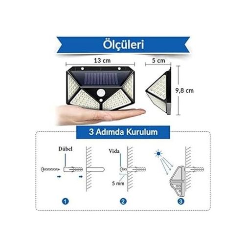 Diğer 57858324443623499283959 100 Led Güneş Enerjili Solar Duvar Apliği - 1200 Lümen Hareket Sensörlü 3 Modlu Bahçe Aydınlatması, Hero Led Solar Duvar Armatürü Ip65 Su Geçirmez, 270 Geniş Açı Siyah Acı Kahve