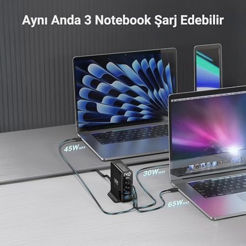 Diğer 57858324448926599283959 140W Gan Pd 3.1 Masaüstü Hızlı Şarj Cihazı 3 Type-C + 2 Usb-A & Macbook & Laptop Uyumlu Şarj Aleti Acı Kahve