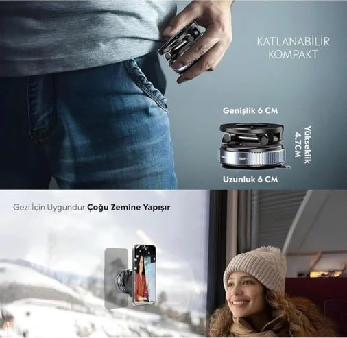 Diğer 57858324448957499283959 Manyetik Vakumlu Katlanır Araç Telefon Tutucu, 360 Derece Dönebilen, Güçlü Mıknatıslı, Akıllı Telefon Tutucu, Ayna, Cam, Torpido Siyah 1