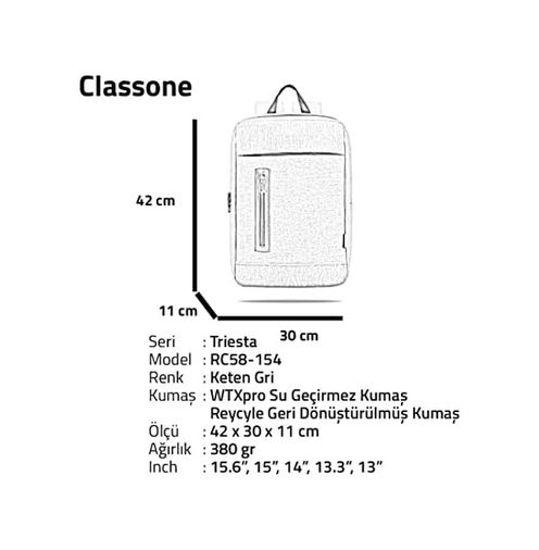 Diğer 57858324451600899283959 Triesta Serisi, Rc58-154 Recycled Kumaş, 15.6 İnch Uyumlu, Laptop, Notebook Sırt Çantası, Gri 4296