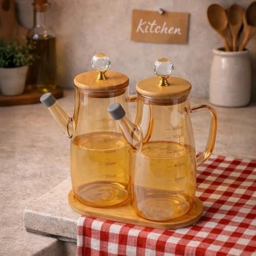 Diğer 57858324451954299283959 Bambu Standlı 2'li Borosilikat Cam Yağdanlık Ve Sirkelik Seti - Ölçü Skalalı, Detaylı Damlatmaz Yağlık 0