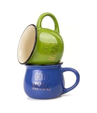 Diğer 57858324452089699283959 2'li Görünümlü Renkli Porselen Kupa Seti Good Morning Yazılı 250 Ml,mavi & Yeşil Açık Altın