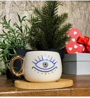 Diğer 57858324452122299283959 Wonders 24 Ayar Altın Işlemeli, Nazar Göz Figürlü, El Yapımı, Türk Kahvesi Fincanı 90 Ml Açık Altın