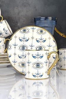 Diğer 57858324452142399283959 Altın Yaldızlı Nazar Göz Desenli 6 Kişilik Porselen Fincan Takımı 12 Parça Şık Sunum Seti Evil Eye Açık Altın
