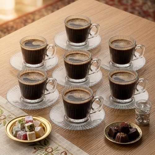 Diğer 57858324452146499283959 6 Lı Cam Kahve Fincanı Seti Çizgili Desenli Şeffaf Fincan Ve Tabak Takımı 8 Cm Espresso Türk Kahvesi Sunum Seti Açık Gri