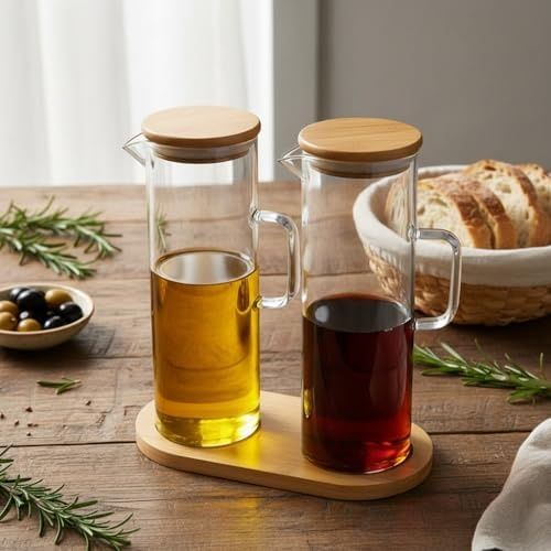 Diğer 57858324452233199283959 2'li Şeffaf Cam Yağdanlık Ve Sirkelik Seti - Bambu Kapaklı Ve Özel Standlı Masaüstü Yağlık 190 Ml 0