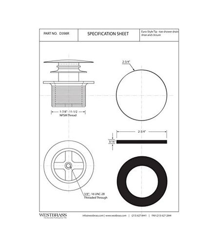 Diğer 57858324453823099283959 Westbrass D398R Euro Style"full Cover Ada İzin Verilen 1 1/2 İnç Npsm Kalın Diş Tip-Toe Küvet Tahliye, D398R-62 12 Izgara
