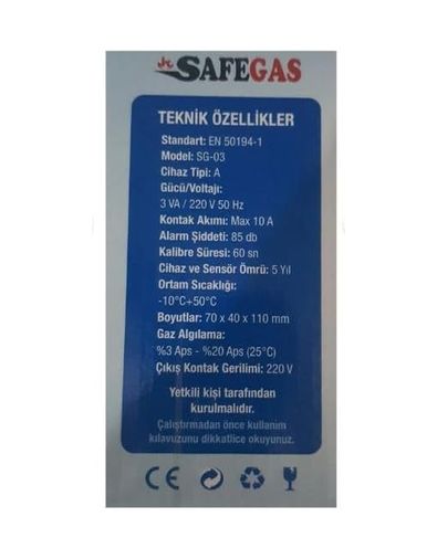 Diğer 57858324454481699283959 Safegaz Doğalgaz Ve Lpg Gaz Alarm Cihazı, Ce Belgeli Ve Gazmer Onaylı, Selenoid Vana Uyumlu 10 0.01