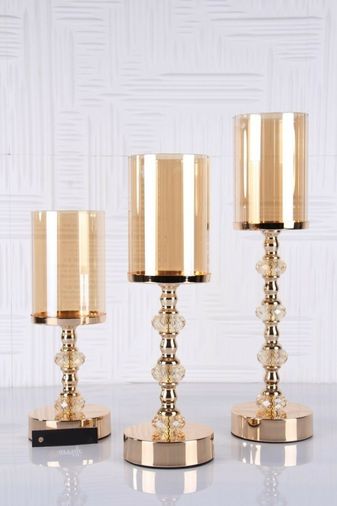 Diğer 5809861 Kristal Taşlı Ayaklı Gold Şamdan 3'lü Set