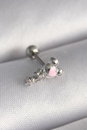 Diğer PR1281-BLNC 316L Çelik Gümüş Renk Zirkon Taş Detay Pembe Kalp İşleme Tragus Piercing