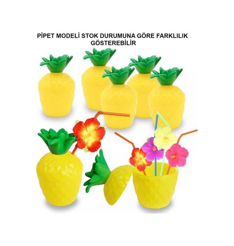Diğer TrLat0SM0010K-SMR-E026-BLNCC Ananas Hawaii Luau Aloha Pipetli İçecek Kabı Bardak 10X13 Cm 1 Adet Çok Renkli