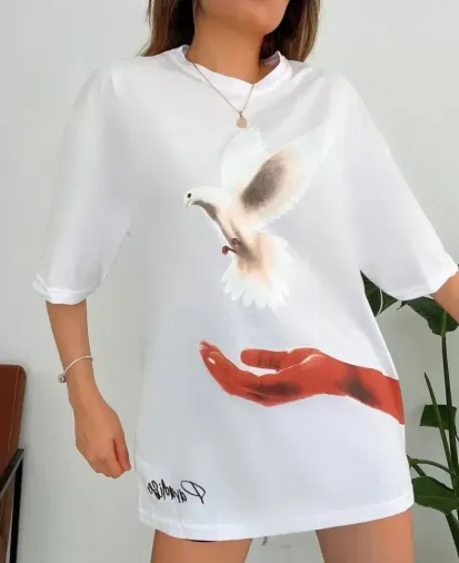 Dijital Baskılı T-Shirt - Beyaz - S - Beyaz