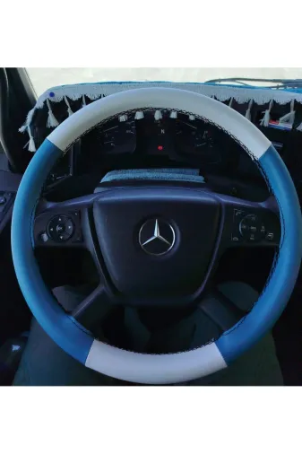 DİKİŞLİ DİREKSİYON KILIFI AÇIK MAVİ DERİ KREM DERİ SİYAH DİKİŞLİ YENİ MERCEDES TIR KAMYON