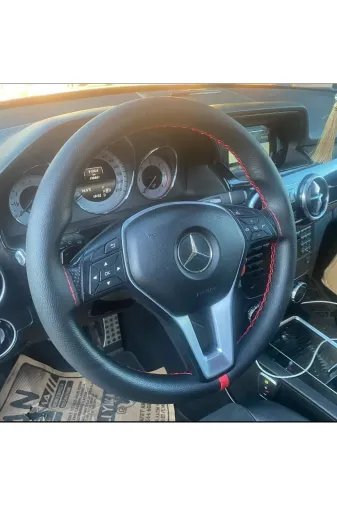 Dikişli Direksiyon Kılıfı Damarlı Siyah Deri Kırmızı Dikişli Mercedes C İçin