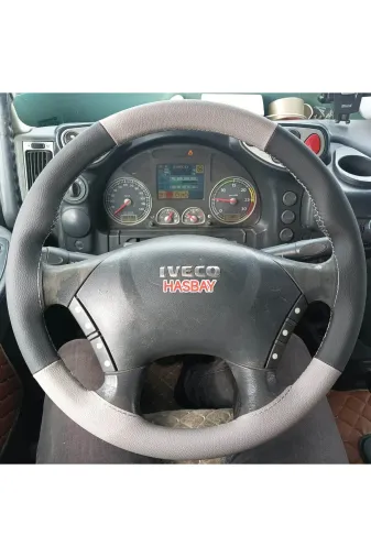 DİKİŞLİ DİREKSİYON KILIFI GRİ / SİYAH DERİ GRİ DİKİŞ IVECO TIR KAMYON BU DİREKSİYON İÇİN
